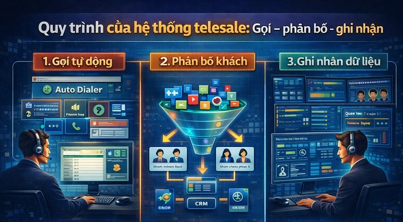 Quy trình của hệ thống telesale: Gọi – phân bổ – ghi nhận