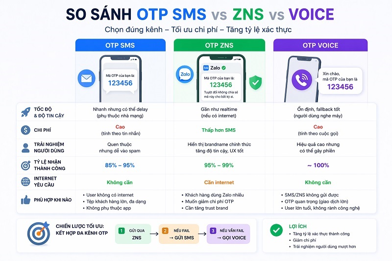 So sánh OTP SMS vs ZNS vs Voice chi tiết